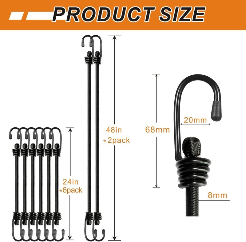 BEXSLE Bungee Cords with Hooks, Heavy Duty Outdoor Elastic Bungee Straps，No Odour Industrial Grade Bungee Rope for Securing Tarps, Luggage,Tents, Bikes or Garden Tidying 24in6pcs + 48in2pcs (Black) - Image 5